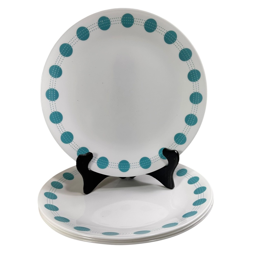 Corelle South Beach Dinner Plates 10.25 Turquoise Dots Dashes Vitrelle Lot of 4